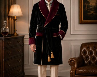 Luxury Men's Velvet Robe, Black Smoking Jacket Robe, Quilted Burgundy Shawl Collar, Premium Lounge Wear