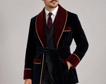 Men's Luxury Velvet Smoking Jacket, Navy Blue Velvet Robe, Burgundy Shawl Collar Dinner Jacket, Gentleman Lounge Robe by Tuxora