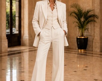 Women’s Ivory 3 Piece Suit, White Bridal Pantsuit, Wedding Suit for Women, Wide Leg Trouser Set, Custom Tailored Suit, TUXORA