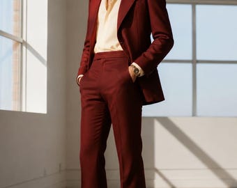 Men’s Burgundy Suit, Retro Flared Pants Suit, 70s Inspired Wedding Suit, Custom Tailored Formal Suit, Groom Outfit, TUXORA