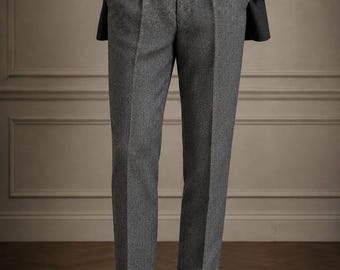 Men's Grey Herringbone Dress Trousers, High Waist Pleated Pants, Vintage Wool Style Formal Trousers, Classic Tailored Slacks