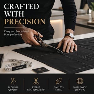 May include: A black fabric piece being cut with silver metal scissors. The image features the text TUXORA TAILORED FOR YOU, CRAFTED WITH PRECISION, Every cut. Every detail. Pure perfection. A white measuring tape and a black card are visible.