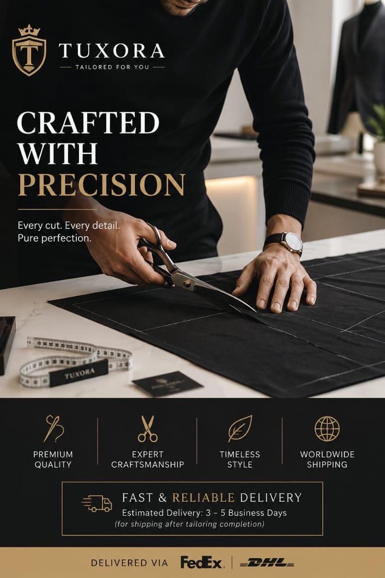 May include: A black fabric piece being cut with silver metal scissors. The image features the text TUXORA TAILORED FOR YOU, CRAFTED WITH PRECISION, Every cut. Every detail. Pure perfection. A white measuring tape and a black card are visible.