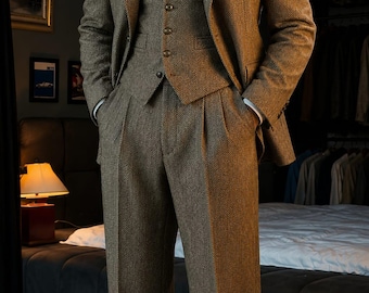 Men's Brown Herringbone 3 Piece Tweed Suit, Vintage Wedding Suit for Men, Classic Business Suit, Groom Suit, Formal Suit by Tuxora