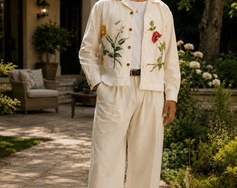 Men’s Embroidered Ivory Jacket Set, Floral Embroidered Co-Ord Set, Linen Lounge Wear, Resort Outfit, Custom Made