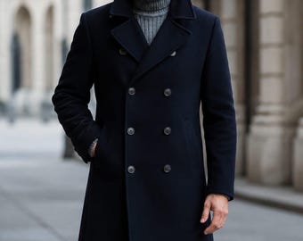 Luxury Men’s Navy Wool Overcoat, Double Breasted Long Coat, Classic Winter Peacoat, Custom Tailored Coat, TUXORA