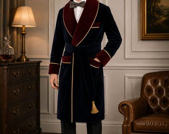 Premium Men's Velvet Lounge Robe, Navy Blue Dressing Gown, Luxury Smoking Jacket, Christmas Gift