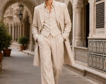 Men's Linen Wedding Suit, Beige 3 Piece Suit, Tailored Blazer Vest Trouser Set, Groom Attire, Formal Outfit