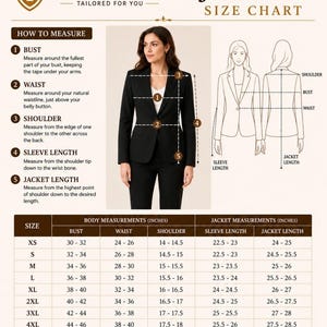 May include: A Tuxora size chart for a jacket featuring a photograph of a person in a black blazer, a line drawing of a jacket with measurement points, and a table listing body and jacket measurements in inches from size XS to 4XL.