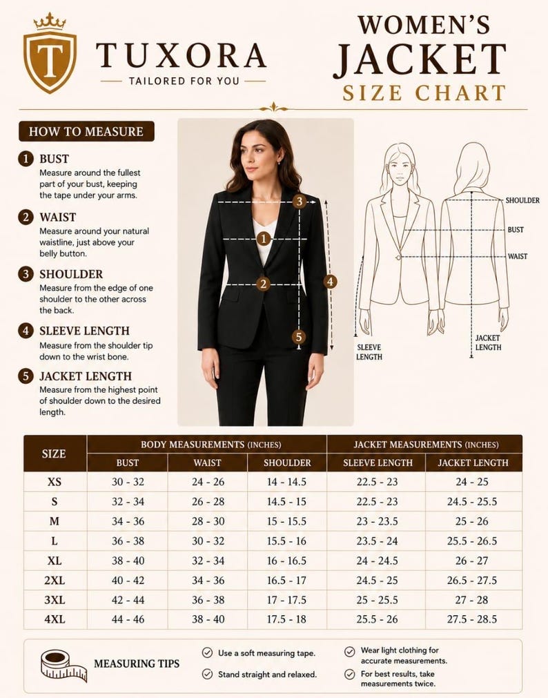 May include: A Tuxora size chart for a jacket featuring a photograph of a person in a black blazer, a line drawing of a jacket with measurement points, and a table listing body and jacket measurements in inches from size XS to 4XL.