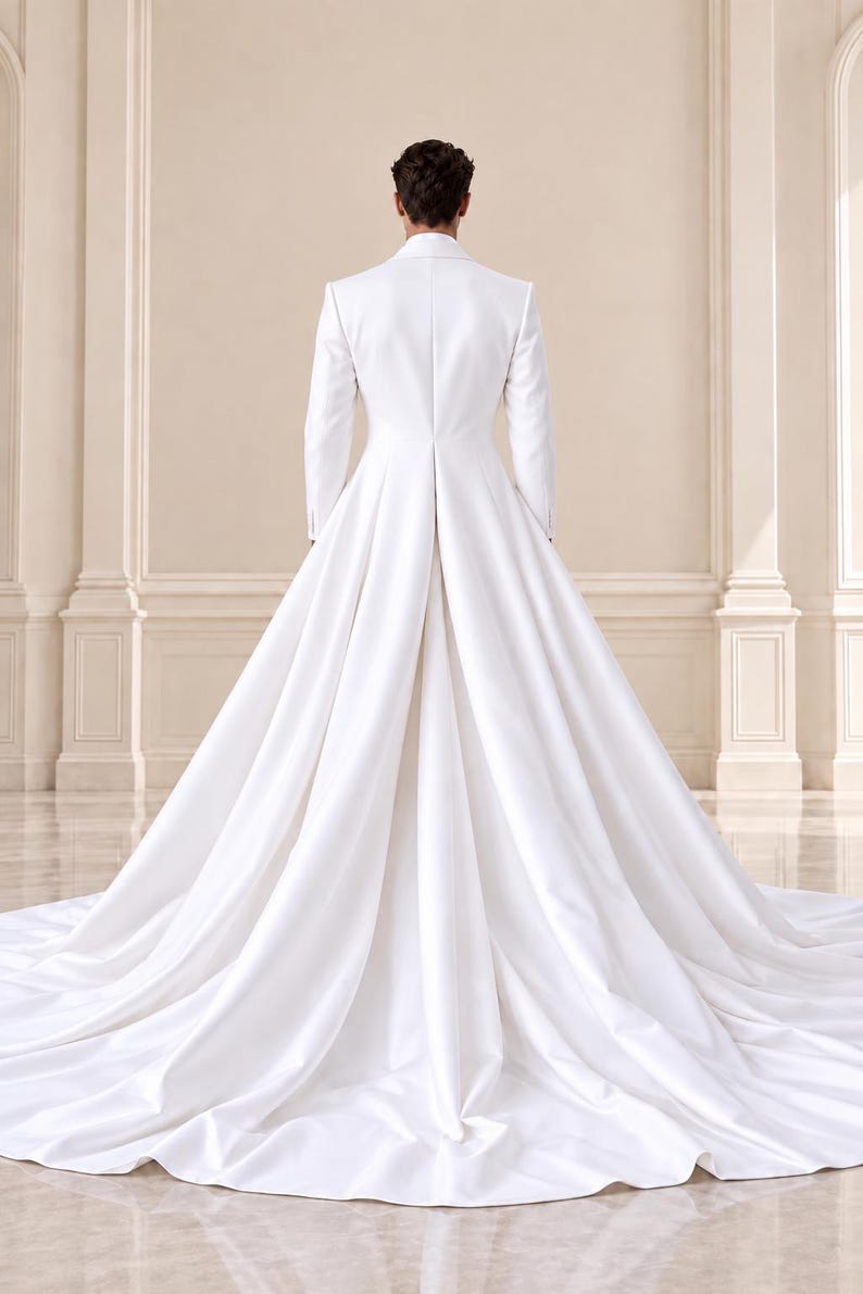 White Groom Tuxedo With Long Train, Statement Tailcoat Suit, Bespoke