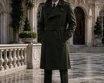 Men's Olive Green Wool Overcoat, Double Breasted Belted Trench Coat, Luxury Winter Coat, Military Style Long Coat