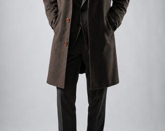 Brown Herringbone Overcoat for Men, Long Wool Coat, Single Breasted Winter Jacket, Custom Made Outerwear