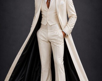Men's Ivory 3 Piece Western Suit with Long Coat, Cowboy Wedding Suit, Vintage Groom Outfit, Formal White Tuxedo Set
