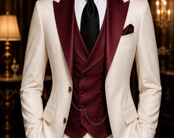 Ivory Wedding Tuxedo for Men, Burgundy Satin Lapel Suit, Three Piece Formal Suit, Custom Tailored Groom Attire