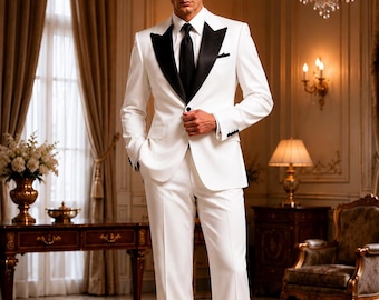May include: A white tuxedo suit featuring a single-breasted jacket with black satin peak lapels, a white dress shirt, and a black necktie. The suit includes matching white trousers with a cuffed hem. The text TUXORA is displayed at the top.