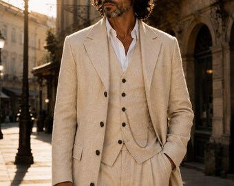 Men's Beige Linen 3 Piece Suit with Overcoat, Wedding Suit for Men, Groom Suit, Formal Linen Blazer Vest Pants Set