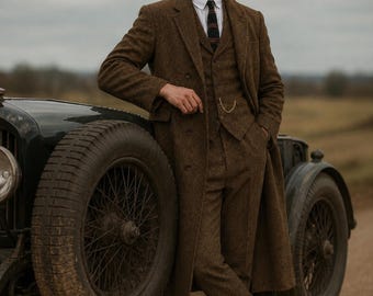 TUXORA Brun Tweed 3-delad Kostym med Överrock | Peaky Blinders-stil Gentleman Festkläder