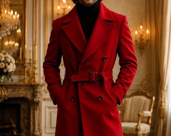 Luxury Red Men’s Trench Coat, Belted Double Breasted Overcoat, Elegant Winter Wool Coat, Handmade Tailored Coat