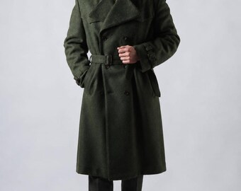 Men's Dark Green Double Breasted Wool Trench Coat, Belted Long Winter Overcoat, Classic Military Coat, Custom Tailored Coat