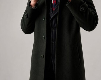 Men's Dark Green Wool Overcoat, Classic Single Breasted Winter Coat, Formal Long Coat, Business Wool Coat, Luxury Coat by Tuxora