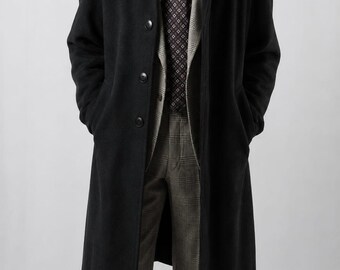 Men's Black Long Wool Overcoat, Classic Single Breasted Winter Coat, Formal Tailored Coat, Luxury Dress Coat by TUXORA