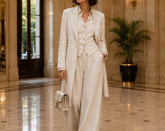 Women’s Ivory Linen Pantsuit, 3 Piece Suit Set, Bridal Suit for Women, Wide Leg Trousers, Wedding Reception Outfit, TUXORA