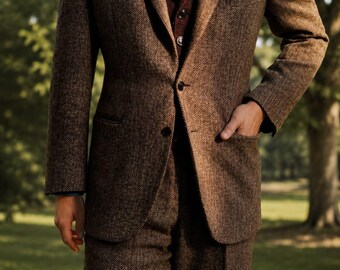 Men's Brown Herringbone Tweed 2 Piece Suit, Vintage Business Suit, Wedding Suit, Classic Tailored Suit by TUXORA