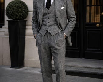 Grey Herringbone Tweed Suit for Men, 3 Piece Custom Tailored Suit, Wedding Groom Suit, Vintage Formal Business Outfit