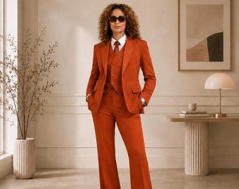 TUXRO Women's Rust Orange Pant Suit Set, 3 Piece Business Suit, Tailored Blazer Vest Trousers, Power Suit for Women