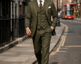 Men's Olive Green 3 Piece Suit, Tweed Wedding Suit for Men, Classic Business Suit, Vintage Formal Suit, Grooms Suit by Tuxora