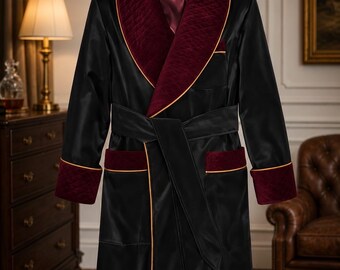 Luxury Men’s Black Satin Robe, Burgundy Velvet Shawl Collar Robe, Quilted Smoking Jacket, Custom Dressing Gown, Gift for Him, TUXORA