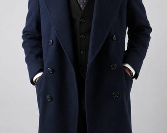 Men’s Navy Wool Overcoat | Double Breasted Long Coat | Custom Tailored Winter Coat | Luxury Formal Overcoat | TUXORA