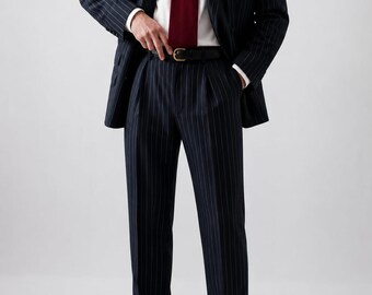 Men's Navy Blue Pinstripe Suit, 2 Piece Business Suit, Classic Formal Suit, Vintage Style Wedding Suit, Custom Tailored Suit