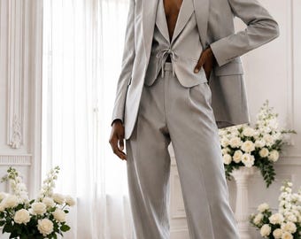 Women’s Light Grey 3 Piece Suit, Bridal Pantsuit, Wedding Suit for Women, Wide Leg Trouser Set, Custom Tailored Suit, TUXORA