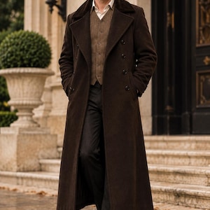 May include: A long, dark brown wool overcoat with a double-breasted button closure and wide lapels, worn over a light-colored button-down shirt, a textured brown vest, and dark trousers, paired with dark brown leather dress shoes.
