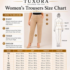 May include: A beige trouser size chart by Tuxora featuring a diagram of a person wearing tan trousers, instructions on how to measure waist, hip, thigh, and inseam, and a table listing sizes from XS to 4XL with measurements in inches and centimeters.