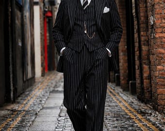 Black Pinstripe Men’s Suit, 3 Piece Wedding Suit, Vintage Business Suit, Custom Tailored Tuxedo, TUXORA
