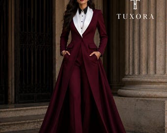 Burgundy Women Pantsuit, Formal Suit Set for Women, Wedding Guest Outfit, TUXORA