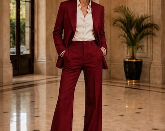 Burgundy Women’s Pantsuit, 3 Piece Formal Suit, Wine Red Bridal Suit, Custom Tailored Wedding Outfit, TUXORA