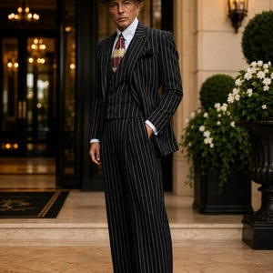 May include: A black pinstripe three-piece suit with a white dress shirt, a patterned tie, and a tan fedora. The suit includes a double-breasted vest, a blazer, and wide-leg trousers. The outfit is paired with brown and white leather dress shoes.