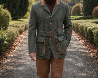 Men’s Green Tweed Hunting Jacket, Belted Safari Jacket, Vintage Wool Coat, Country Outdoor Blazer, Custom Tailored Jacket, TUXORA