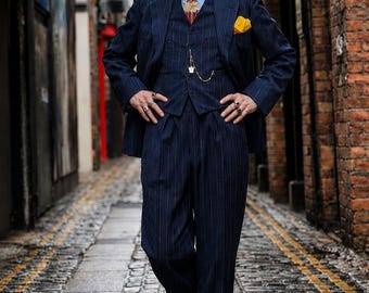 Navy Blue Pinstripe 3 Piece Suit for Men | Vintage Gangster Wedding Suit | Custom Tailored Formal Business Suit | TUXORA