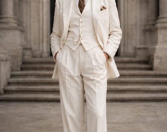 Ivory Women’s Wedding Suit, 3 Piece Linen Pantsuit, Bridal Tuxedo, Custom Tailored Formal Suit, Wide Leg Pants, TUXORA