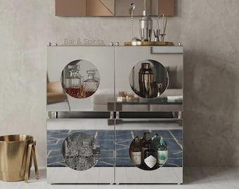 Mirrored Bar Cabinet | Geometric Art Deco Cocktail Station, Modern Storage Home Bar
