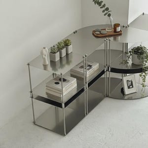 Könnte beinhalten: Ein modernes, modulares Metallregal mit reflektierender Oberfläche. Das Regal verfügt über mehrere Regalböden, von denen einige Bücher und kleine Topfpflanzen enthalten. Eine kleine Vase und gerahmte Kunst sind ebenfalls sichtbar.