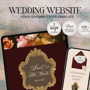 May include: A digital wedding website template displayed on a tablet and smartphone. The tablet shows a "Save the Date" design with a gold frame. The smartphone displays a wedding details page. The image includes text: "Wedding Website" and "4-Page Editable Canva Template."