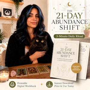Op de afbeelding: Een digitaal werkboek getiteld The 21-Day Abundance Shift met een dagelijks ritueel van 3 minuten. De omslag bevat een zon-icoon, handen en tekst. Een tweede pagina toont Day 1 Set Your Abundance Intention. Het is een digitale download.