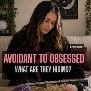 May include: A person with long dark hair with blonde highlights sits on a beige sofa. The image features the text SAME HOUR, AVOIDANT TO OBSESSED, and WHAT ARE THEY HIDING? in pink and white lettering over a collection of crystals and tarot cards.