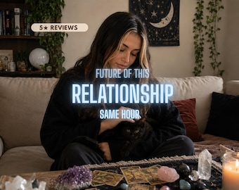 May include: A person with long dark hair with blonde highlights wearing a black sweatshirt, petting a black cat. Text overlay reads: 5★ REVIEWS, FUTURE OF THIS RELATIONSHIP, SAME HOUR. A table features tarot cards, various crystals, and a lit candle.